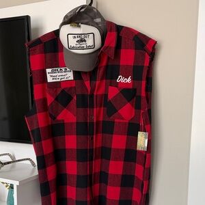 NWT Spirit Halloween Red/Black Plaid “Dicks Morning Wood Service” WorkShirt XXL